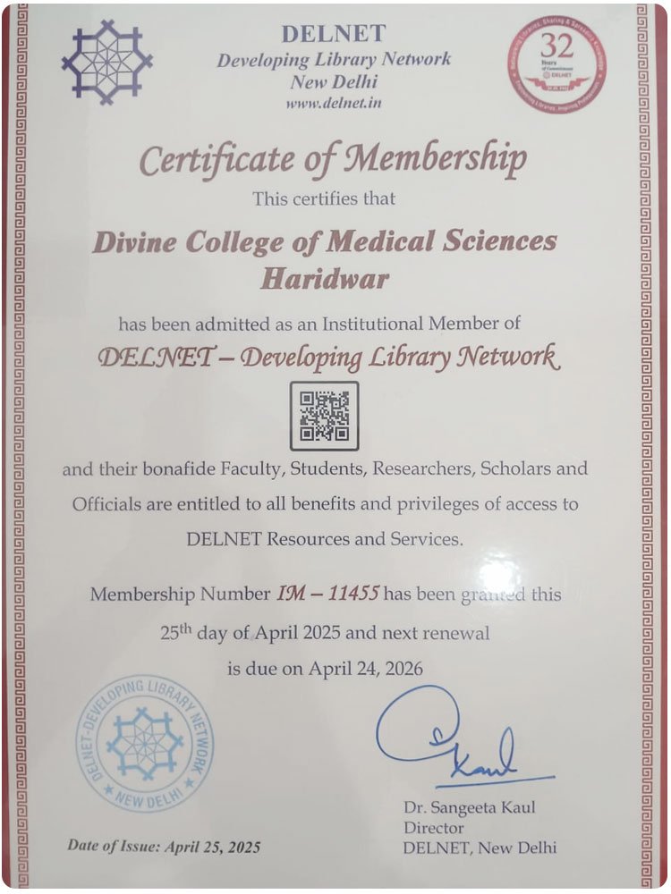 DELNET Library Membership Certificate Divine College of Medical Sciences Haridwar