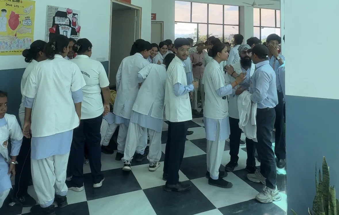 Students queuing to donate blood at the Voluntary Blood Donation Camp, Haridwar